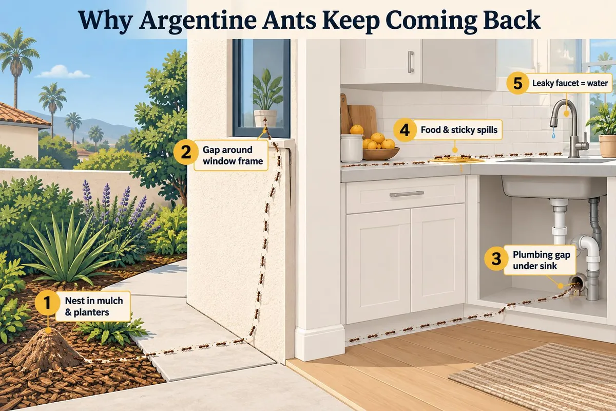 Diagram of an Argentine ant trail running from a nest in garden mulch, through a gap around a window frame and a plumbing gap under the sink, to food spills and a leaky faucet in the kitchen.