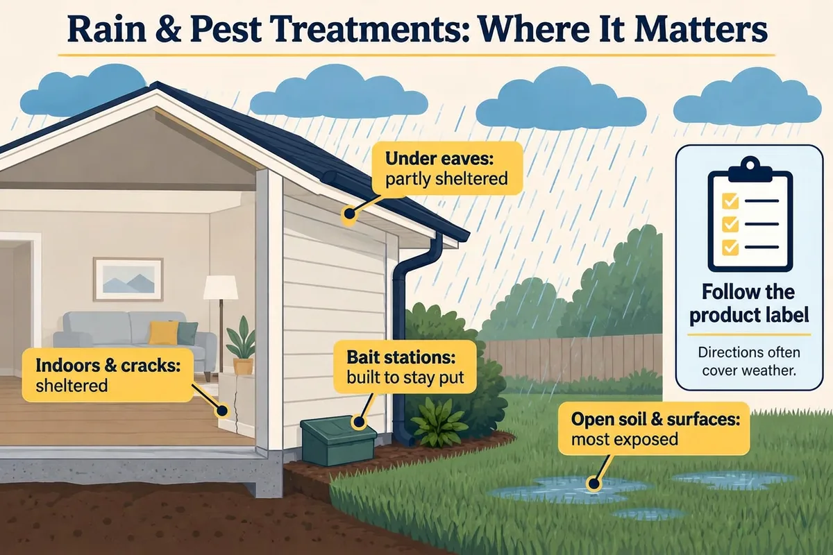 Diagram of a house in the rain showing indoor cracks as sheltered, bait stations as built to stay put, eaves as partly sheltered, and open soil as most exposed, with a reminder to follow the product label.
