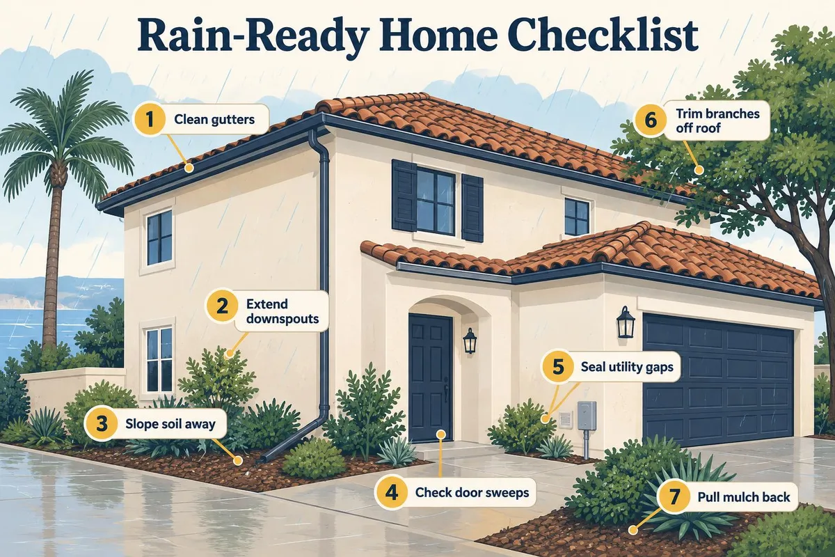 Rain-ready home checklist on a South OC stucco house: clean gutters, extend downspouts, slope soil away, check door sweeps, seal utility gaps, trim branches off the roof, pull mulch back.